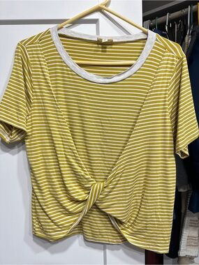 Hem & Thread Yellow and White Striped Knot-Front Crop Top